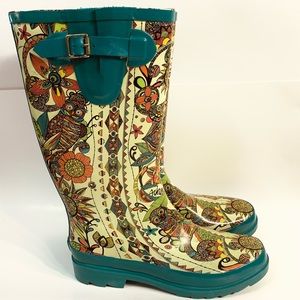 Sakroots Rhythm Rubber Rain/Snow Buckle Boot Women’s 9 Green Floral & Owl Print